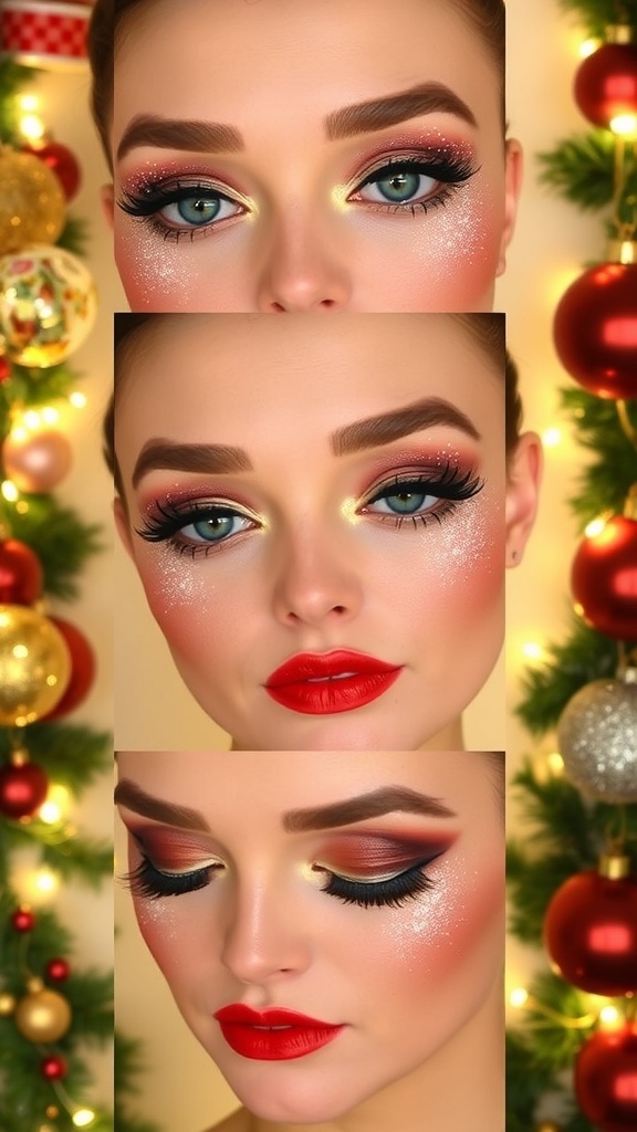 A collection of Christmas makeup looks with festive colors and styles, set against a holiday-themed backdrop.